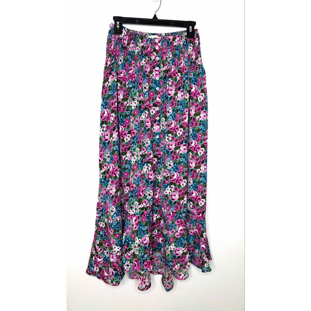 ee:some Floral Maxi Skirt Sz M Asymmetrical Hem Peasant Prairie Garden Fairy EUC